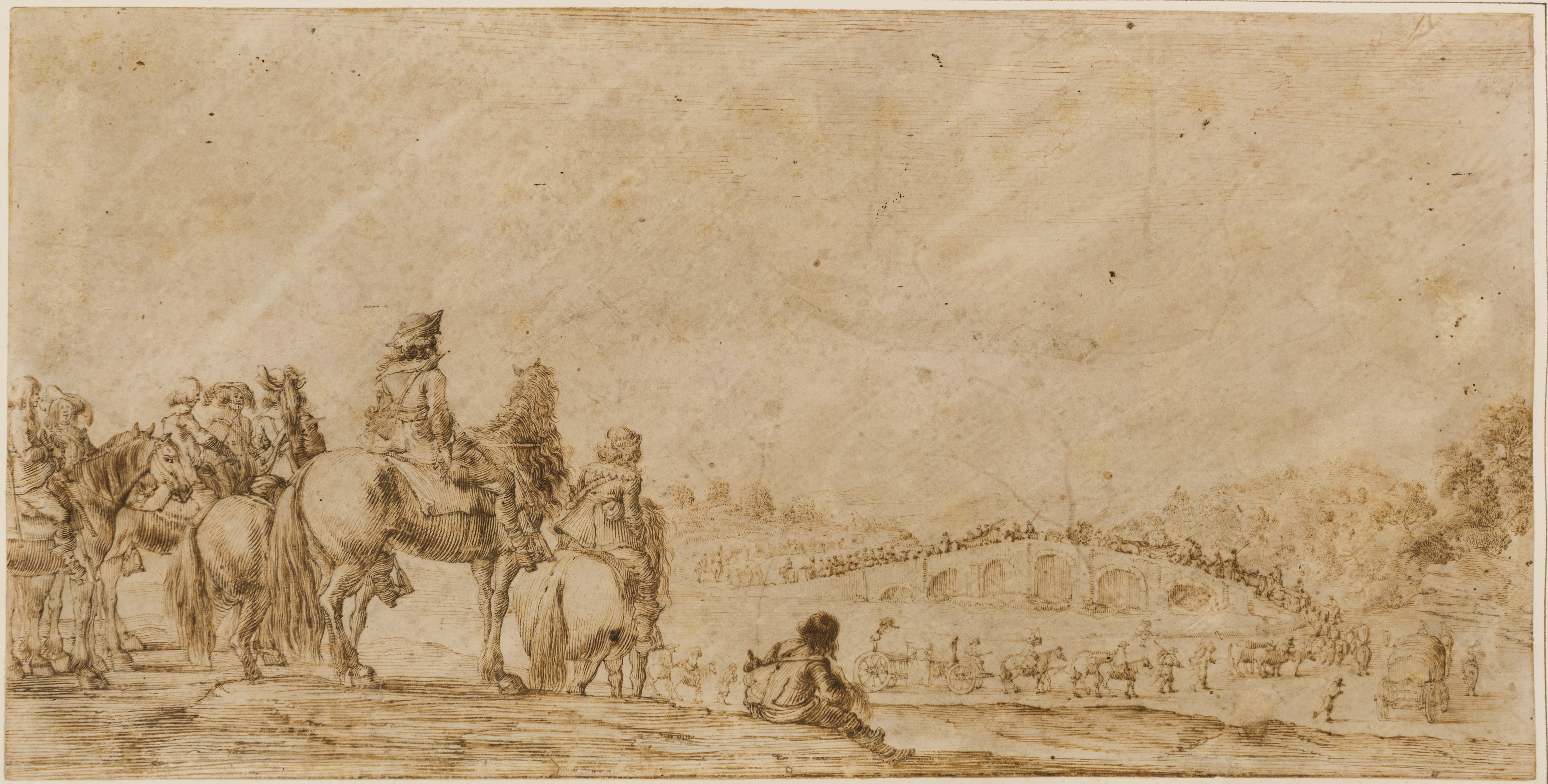 A Procession of Horsemen and Carriages Crossing a Bridge